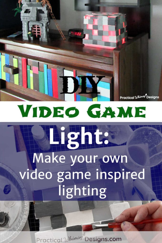 DIY Video Game Light make your own video game inspired lighting, pictures of light and materials behind text