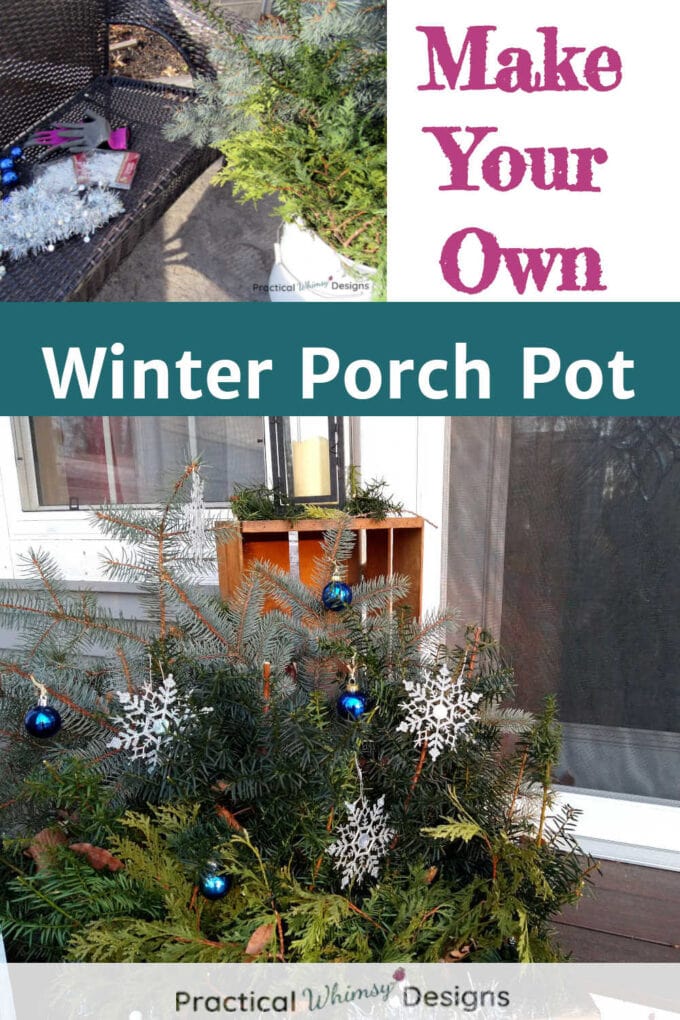 Winter porch pot supplies and finished product on porch