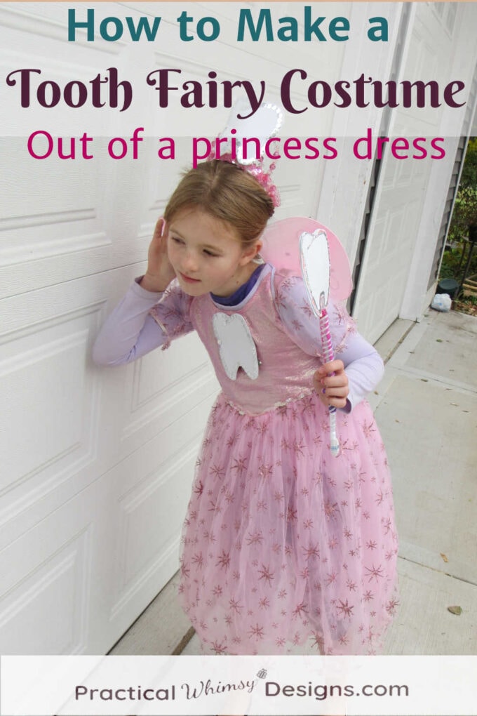 Girl wearing easy tooth fairy costume listening at door of home