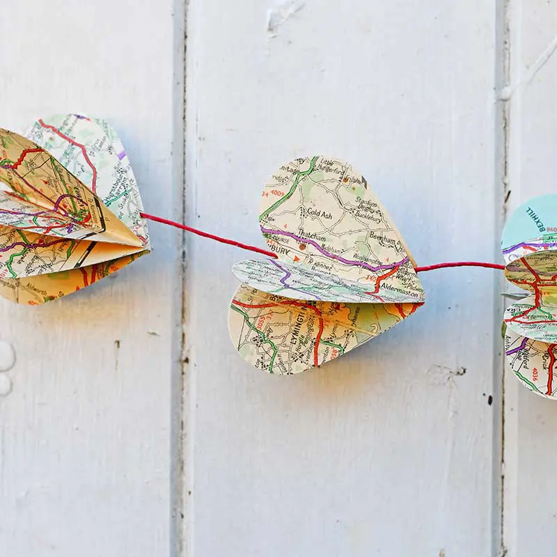 3D heart Paper crafts for Valentines day made from old maps.