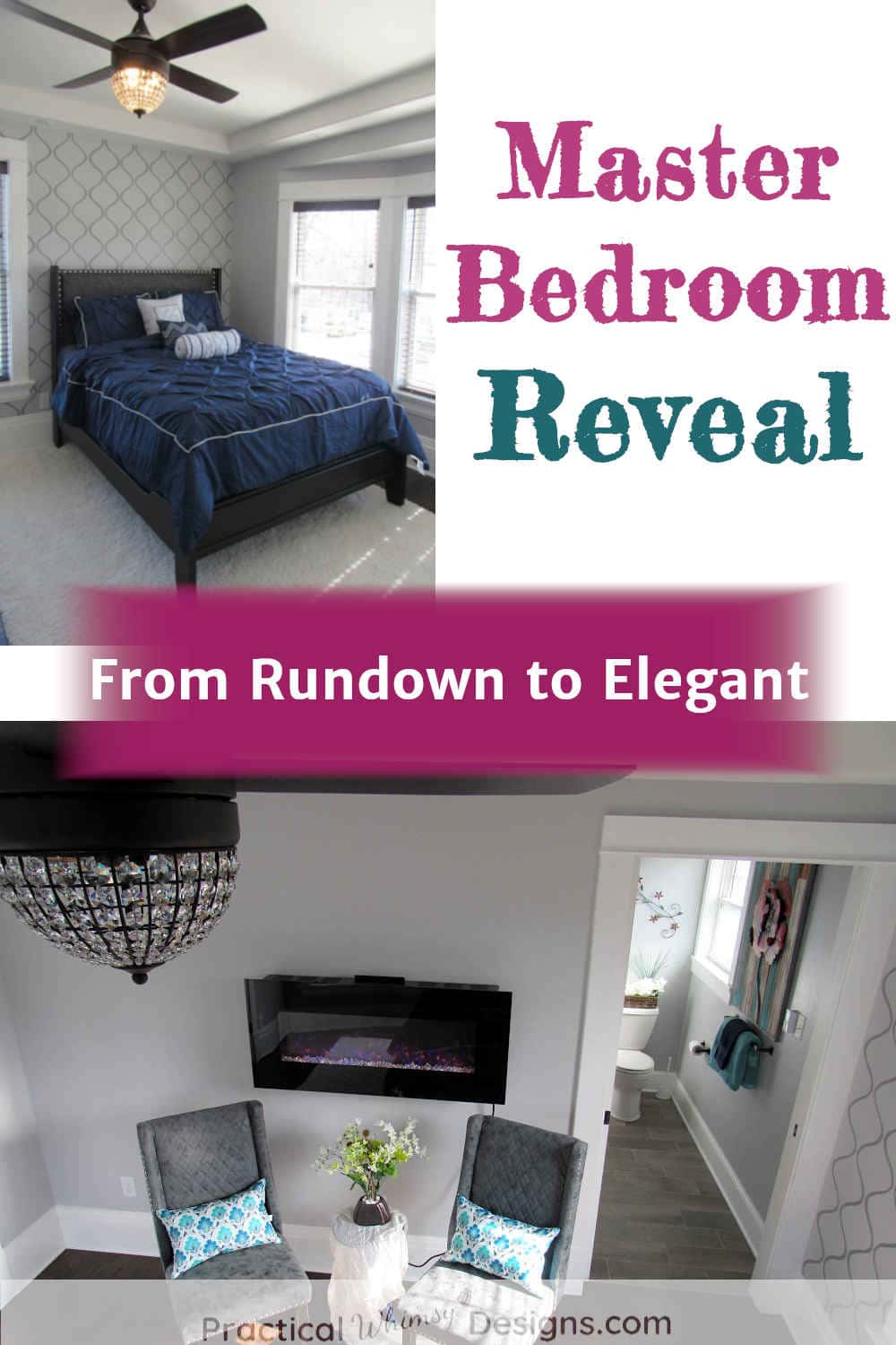 Master bedroom reveal with pictures of blue bed, light, and chairs