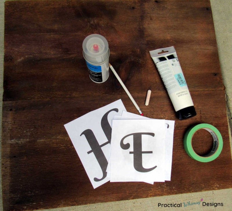 Materials to paint wooden sign: letters tape, paint, chalk, pencil, and acrylic sealer.