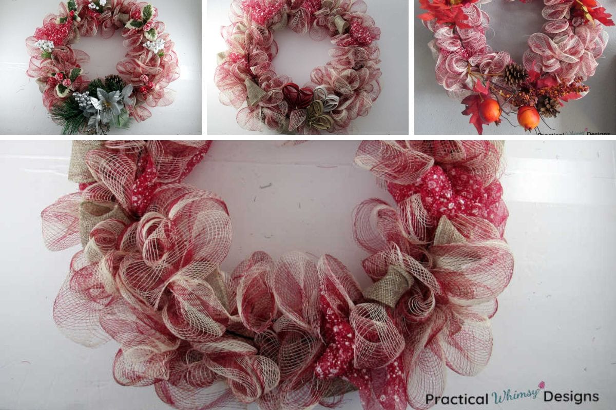 Red and brown mesh wreath decorated for Christmas, Valentines day, and fall.