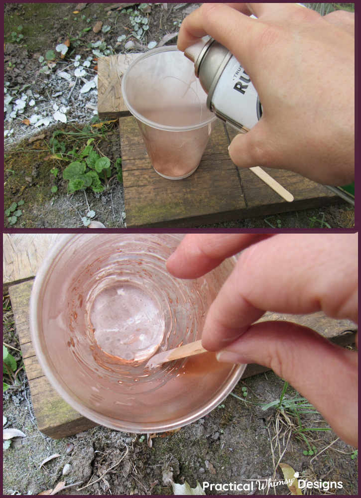 Spraying copper paint into glue and mixing it in with a craft stick.