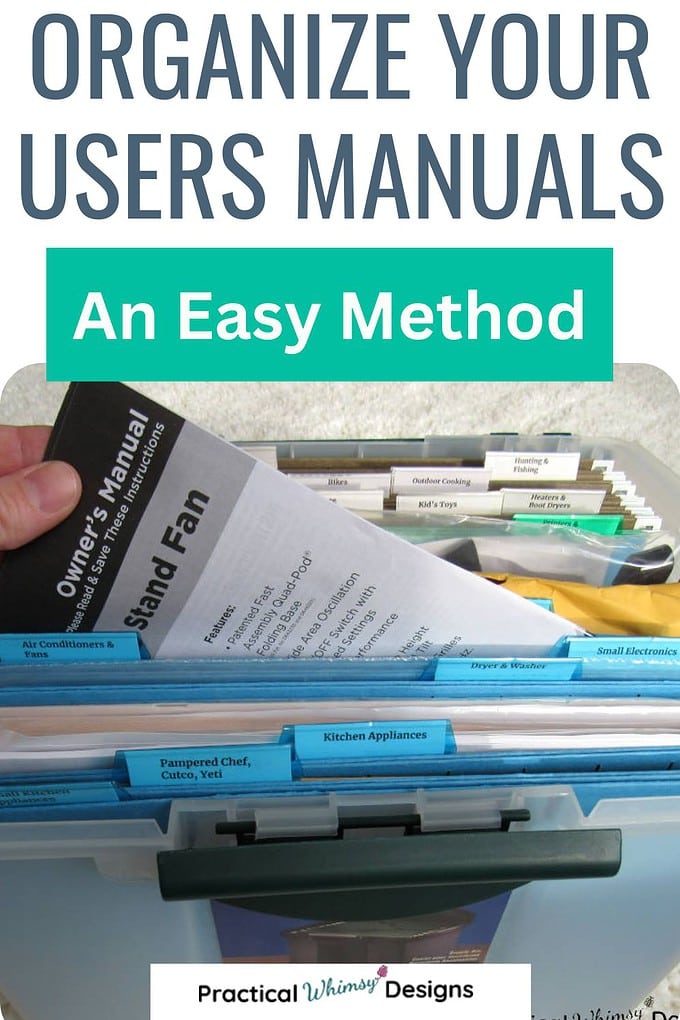 Organizing user manuals in file cabinet.