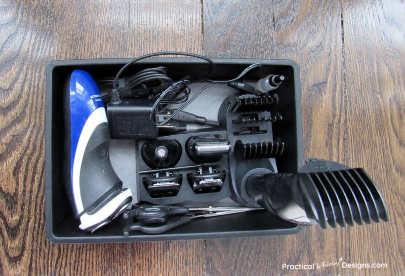 Shaving supplies in a container.