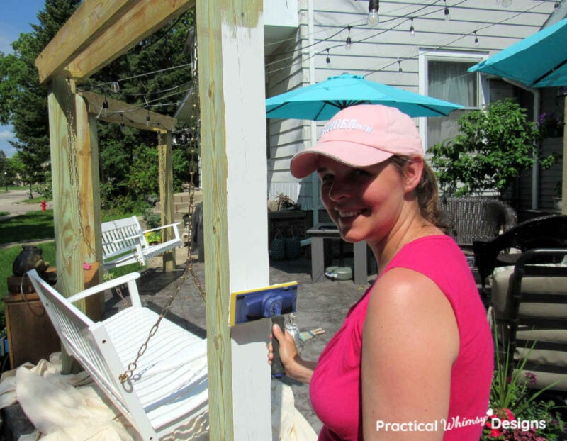 Painting Pergola frame white on diy wood pergola.