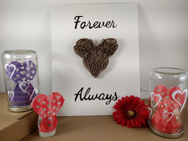 Heart decorative jar luminaries on display with forever and always heart canvas.