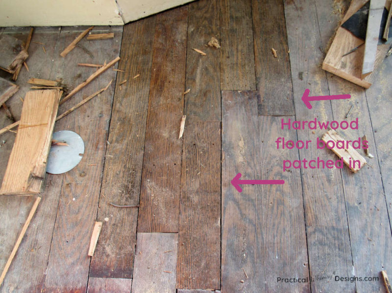 Hardwood floor boards patched in