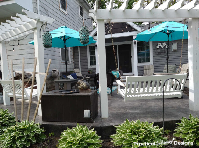 White diy wood pergola for wooden swing on patio