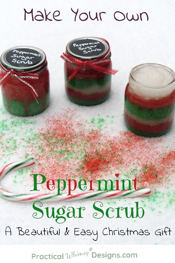 Jars of peppermint sugar scrub and a candy cane.
