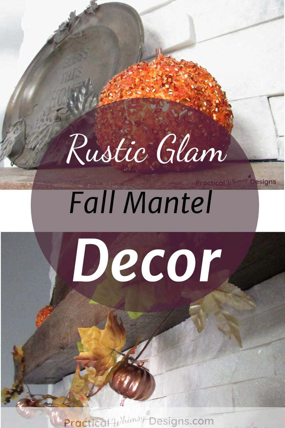 Rustic glam fall mantel decor with pumpkins and garland on mantel