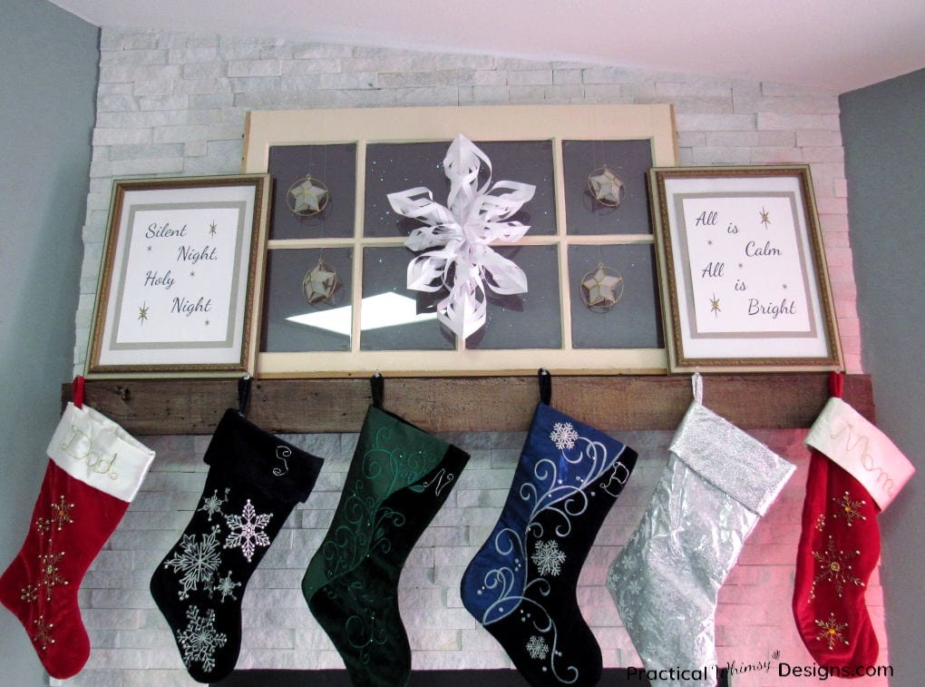Silent Night Christmas Mantel with stockings, stars and window