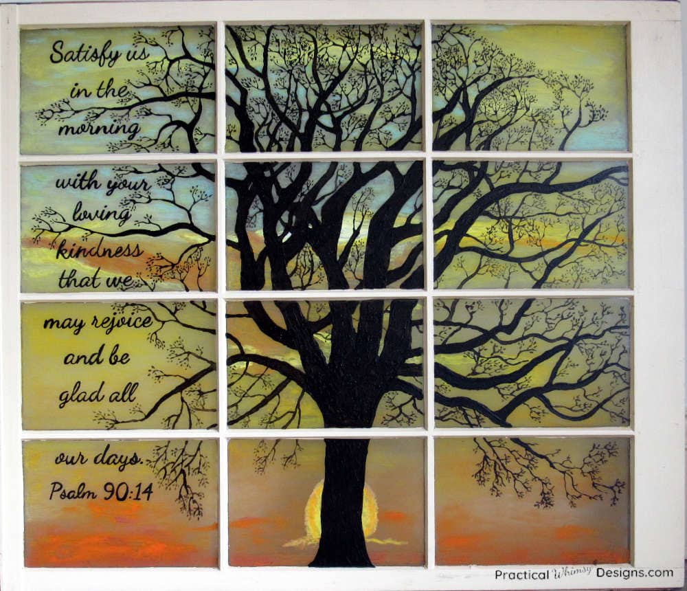 Stained glass window silhouette with painted tree