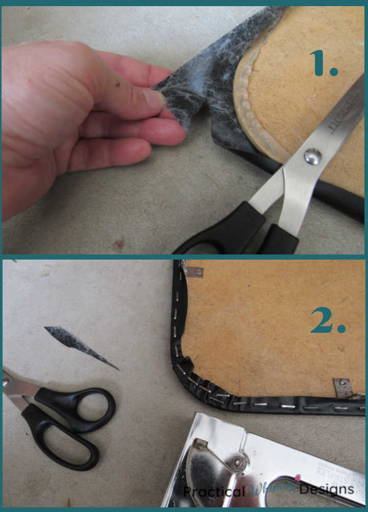 Cutting the vinyl and stapling the edge of the folding table.