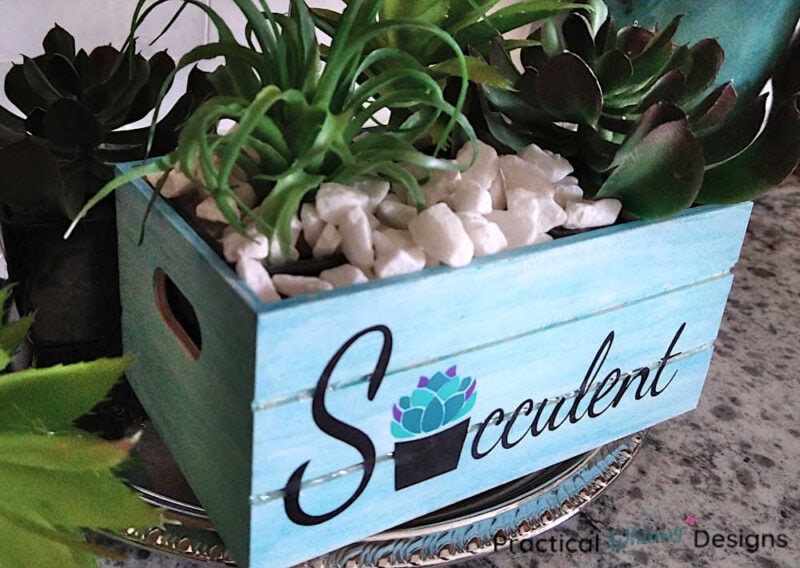 Succulent planter box filled with succulents and white rocks on counter
