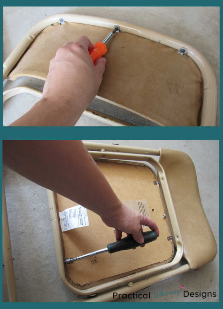 Removing seat and back of folding chair.