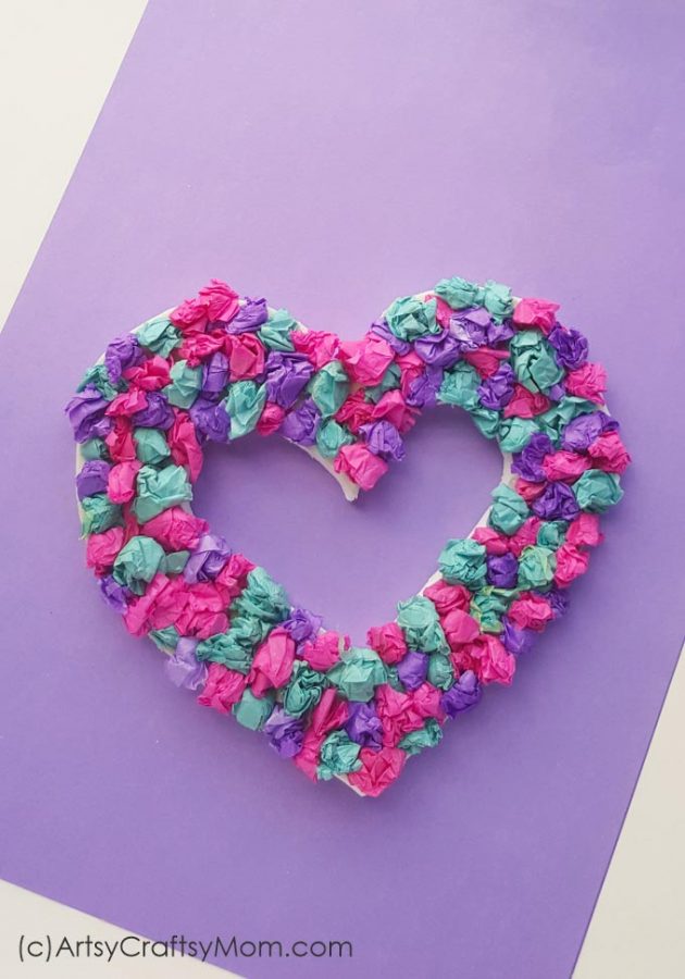 Colorful crepe paper heart wreath