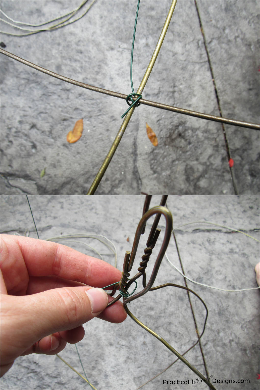 Wrapping wreath wire around hanger frames