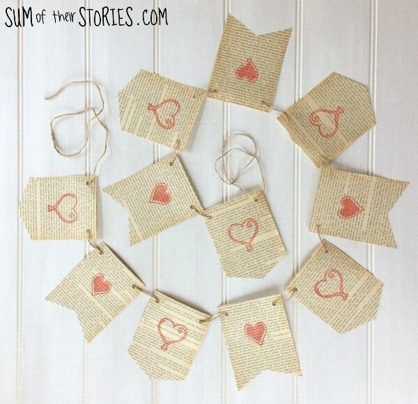 Valentine's Day paper book page bunting with hearts on it.